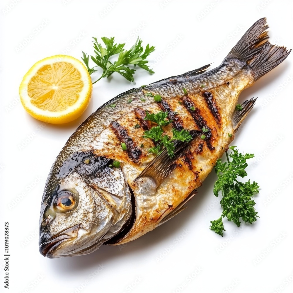 Poster Grilled fish on a white plate with lemon slices and fresh herbs. This vibrant presentation showcases a delicious seafood dish, perfect for culinary enthusiasts. AI