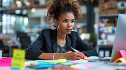 Fototapeta premium African mix businesswoman is working at the computer Desk office workspace with sticky note from her teamwork after workshop.