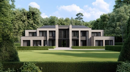 Obraz premium Modern architectural house surrounded by lush greenery and manicured lawns, showcasing elegance and style in residential design.