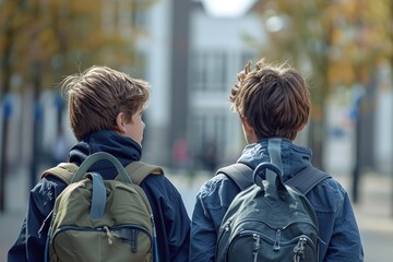 Fototapeta premium Back view of two schoolboys with backpacks, Ai Generated