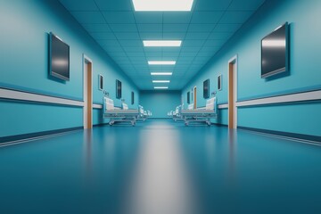 Obraz premium Modern hospital corridor with blue walls and clean, empty beds, creating a calm and sterile environment.