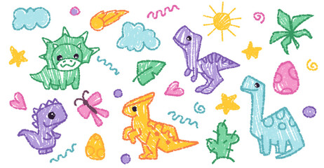 Obraz premium Cute crayon dinosaur set, doodle kids creature, colorful hand drawn pencil illustration. Dino drawing for kids or children notes or cover design