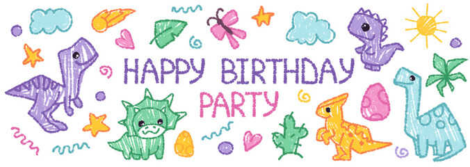 Cute dinosaurs for Happy Birthday Party. Vector illustration for kids banner, crayon drawing, pencil doodle sketch