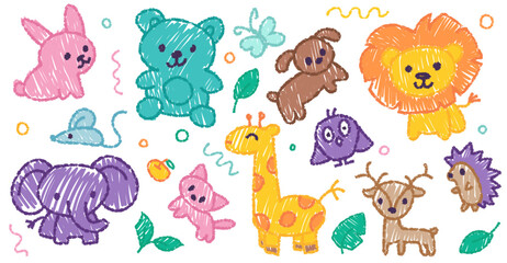 Naklejka premium Children crayon doodle set, Animal illustration in childish style. Vector kids hand drawn drawings: lion, bear, cat, dog, hedgehog, mouse, deer