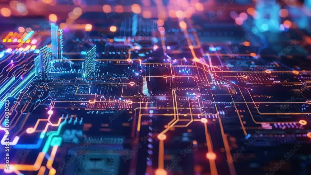 Poster complex circuitry illuminated with glowing lines and data points, representing innovative engineerin
