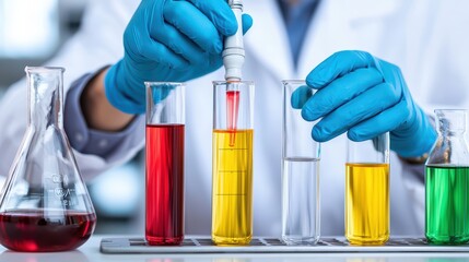 Scientist carefully mixing colorful liquids in laboratory test tubes to conduct experiments.