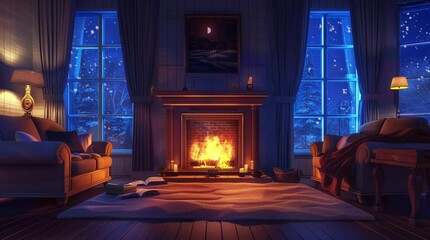 Cozy cabin room with a comfortable sofa and a glowing fireplace, overlooking a warm winter landscape outside
 Seamless looping 4k time-lapse virtual video animation Generated AI