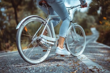 Fototapeta premium Young woman in denim and sneakers enjoys a relaxing bike ride in a spring city park