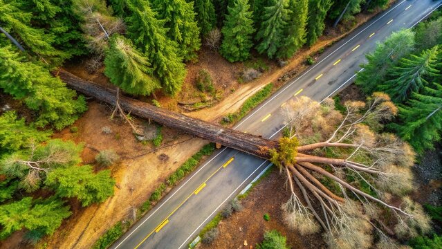 A fallen pine tree blocking a road after a windstorm