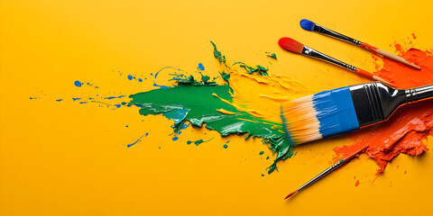 Obraz premium A colorful palette with paintbrushes and paint splatters, symbolizing artistic expression. Artist's tools.