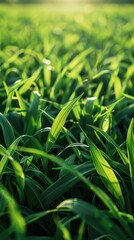 Obraz premium Close-up view of a lush green grass field basking in sunlight during a warm afternoon