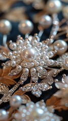 Close-up of a brooch featuring white pearls showcasing intricate craftsmanship and classic design