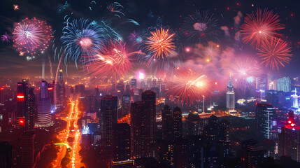 vibrant fireworks display lighting up the city skyline at night, generative ai