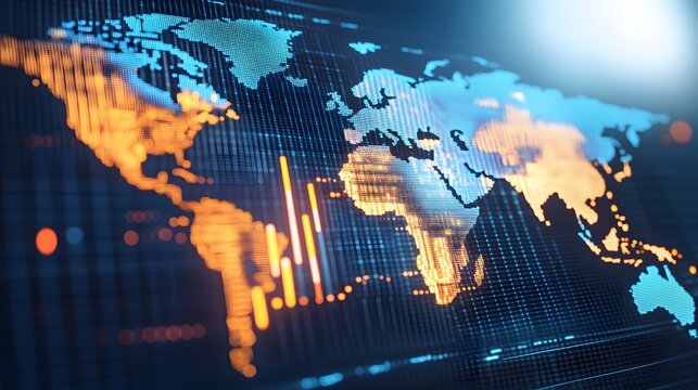 Close-up of digital world map with highlighted countries and trade routes, visualizing the impact of tariffs on global trade and rising economic tension through a graph	