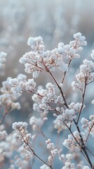 Close-up view of low-growing plants blanketed in snowflakes after freezing rain