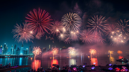 Fototapeta premium vibrant fireworks display lighting up the city skyline at night, generative ai