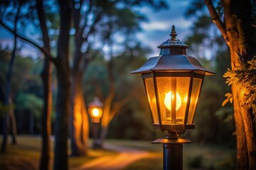 A lamp illuminating dark environment trees at tilted angle