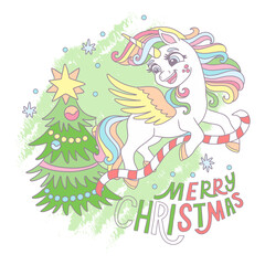 Cute Cartoon Christmas Unicorn and lettering Merry Christmas