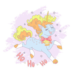 Cute Cartoon Christmas Unicorn and lettering Ho Ho Ho