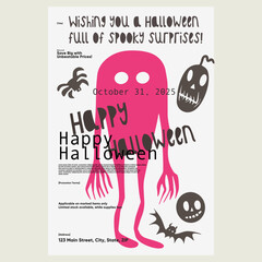 Halloween flyer with a pink ghost and spooky elements, featuring quirky text, ideal for festive event invites and decorations with a minimalist style.