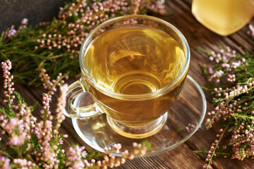 Herbal tea with fresh heather or Calluna vulgaris flowers