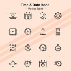 Icons representing various themes related to time and date management.