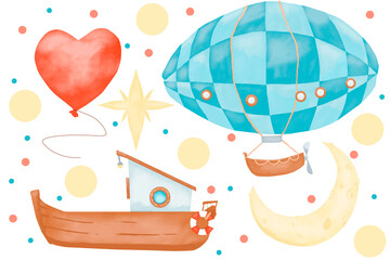 Set with boat, airship, new moon and star, with a balloon in the form of a heart, watercolor digital illustration for printing and web