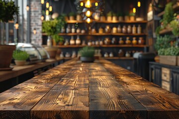 Obraz premium Empty wooden table with blurred supermarket background for product display and mock up use