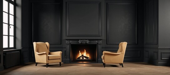 Classic 3D illustration of a cozy fireplace-lit living room with plush furniture and detailed accents in an elegant black-and-white interior style