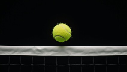 Yellow tennis ball soaring into black-backed tennis net banner with empty area for text