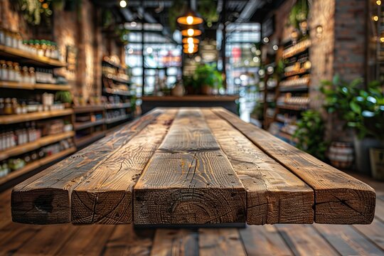 Empty wooden table with blurred supermarket background for product display or showcase