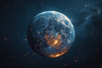 Fototapeta premium Half of earth illuminated by city lights against a black starry background in outer space