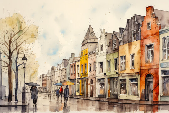 Watercolor-style illustration of a street inspired by Reykjavík, featuring colorful buildings, cars, and pedestrians on a sunny day.