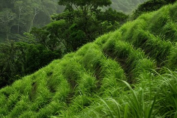 A lush green hillside with tall grasses and trees in the background, generative ai image