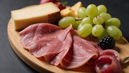 A meticulously arranged gourmet food board featuring vibrant meats cheeses and fresh fruit showcasing intricate details