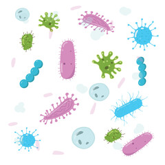 Different forms and types of microbes flat style. Probiotics Bacteria, microbes, infection and pathogen cells concept editable stroke outline