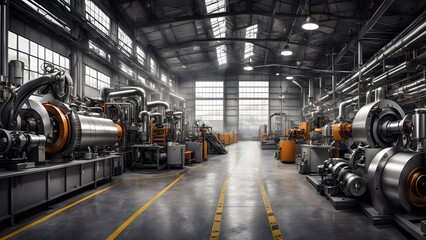 Fototapeta premium Industrial factory interior with machinery, pipes, and large windows.