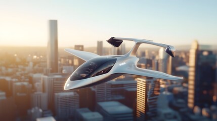 Sleek electric air taxi hovering above futuristic city skyline, smooth aerodynamic design, golden hour sunlight, modern transportation concept