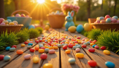 Obraz premium Vibrant candy eggs scattered on wooden planks in golden sunlight