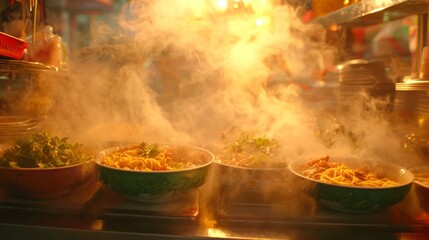 Vibrant Thai Noodle Soup Stall in Bustling Market with Steaming Bowls of Boat Noodles and Fresh Herbs - Ultra-Detailed Food Photography