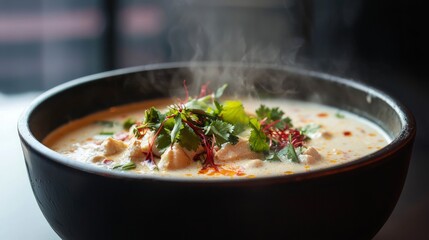 Savory Close-Up of Tom Kha Gai Soup with Rich Coconut Broth and Chicken - Exquisite Thai Cuisine Delight