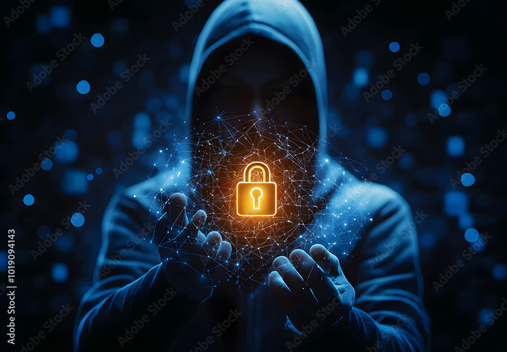 Poster hacker in hoodie using glowing digital padlock in circular tech hologram on blurry background design