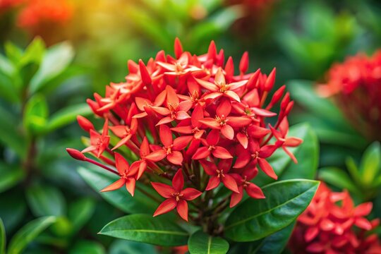 Aerial view of Red Ixora flowers with green background
