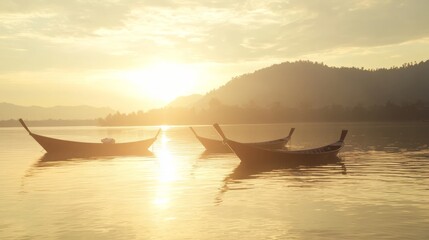 Obraz premium Taste of Thailand - Serene Lakeside View with Traditional Thai Boats Serving Local Cuisine