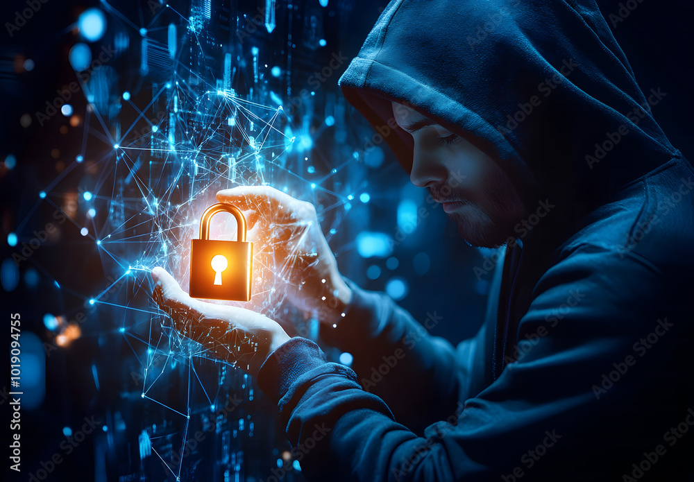 Poster hacker in hoodie using glowing digital padlock in circular tech hologram on blurry background design