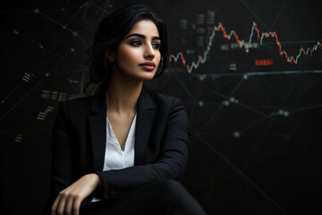 A young adult Arabian businesswoman in a formal suit, sitting with trading charts on a black background, embodying innovation in finance.