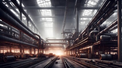 A vast, industrial factory interior with a network of pipes, beams, and tracks extending into the distance, bathed in a warm, golden glow of sunlight streaming through the skylights.