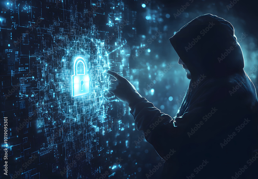 Poster hacker in hoodie using glowing digital padlock in circular tech hologram on blurry background design