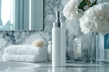 A white lotion pump bottle, photographed from a low angle on the edge of a bathroom mirror, making it look tall and elegant, with reflections amplifying its modern, luxurious vibe.