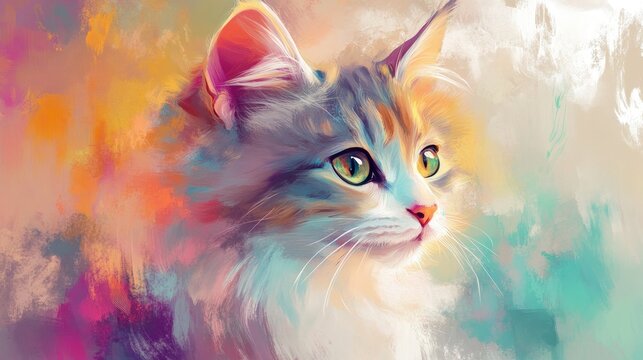 A colorful painting of a cat with green eyes and a soft, fluffy coat.